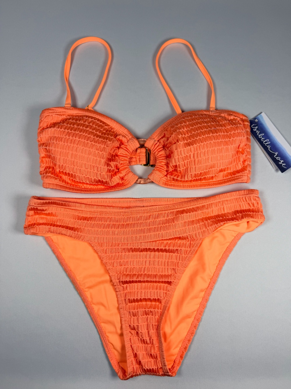 Isabella Rose Coral-Orange Textured Bandeau Bikini Set